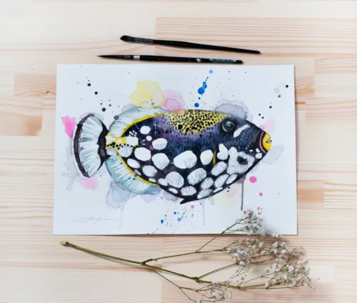 "Clown Triggerfish" Original Watercolor Painting, fish