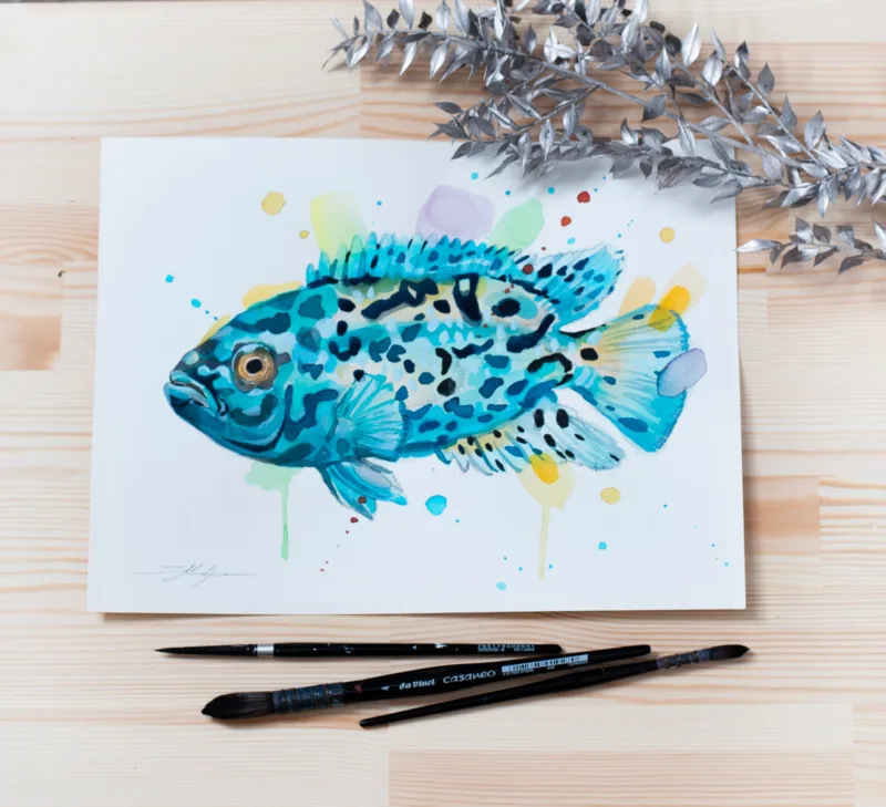 "Electric Blue Jack Dempsey Cichlid" Original Watercolor Painting
