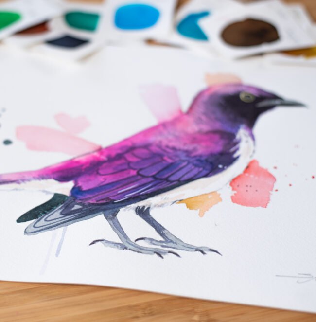 "Amethyst starling or Violet-backed starling" Original Watercolor Painting bird