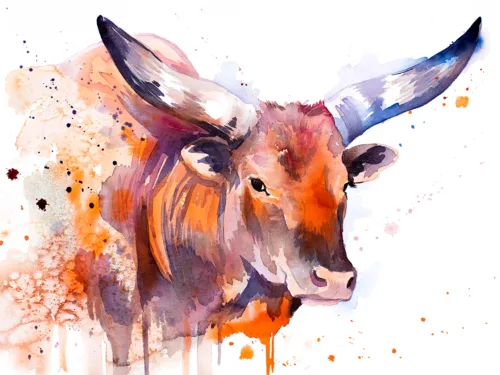 Ankole-Watusi longhorn cattle watercolor painting, limited edition art print by Slaveika Aladjova, view 2