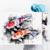 Two red and white koi on black ink, watercolor painting, limited edition art print by Slaveika Aladjova, view 4