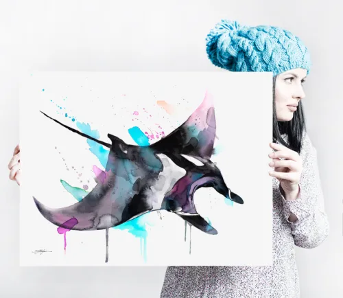Giant manta ray watercolor painting, limited edition art print by Slaveika Aladjova, view 2