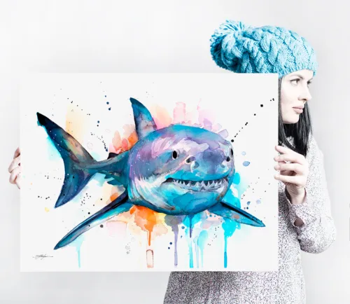 Great white shark watercolor painting print by Slaveika Aladjova, art, animal, illustration, Sea art, sea life art, Great white shark watercolor painting, limited edition art print by Slaveika Aladjova