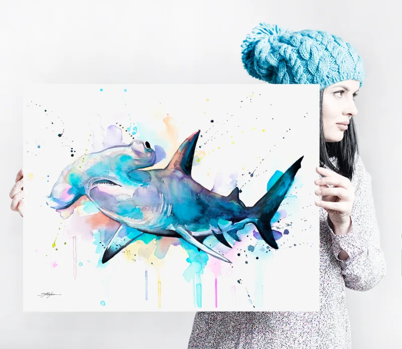 Hammerhead shark watercolor painting, limited edition art print by Slaveika Aladjova