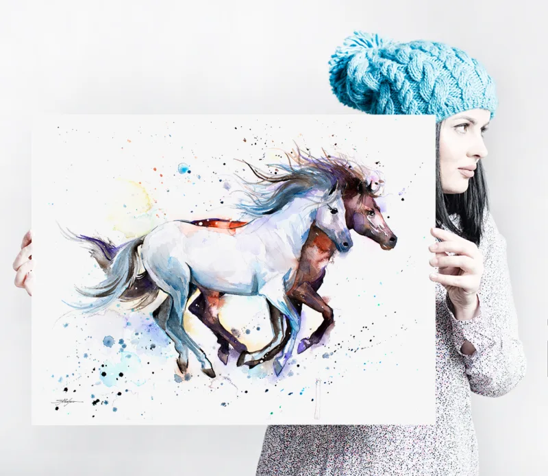 Running horses watercolor painting, limited edition art print by Slaveika Aladjova