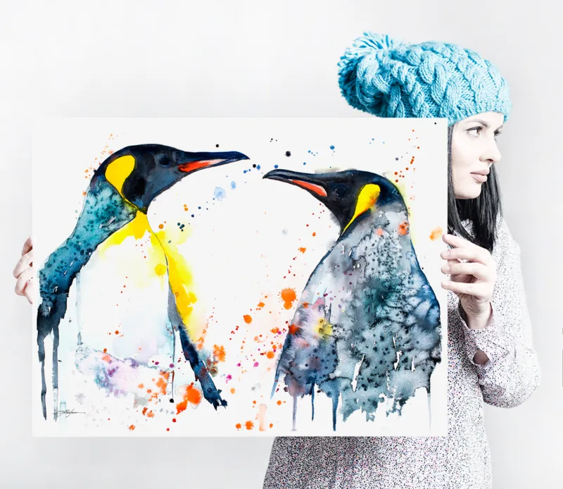 Two king penguins face to face, watercolor painting, limited edition art print by Slaveika Aladjova