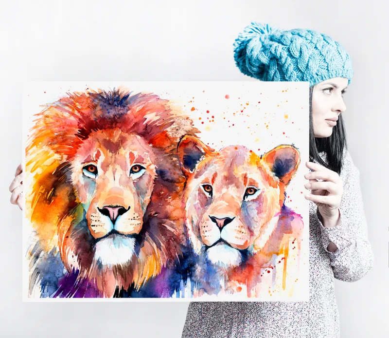 Lion and lioness side by side, watercolor painting, limited edition art print by Slaveika Aladjova