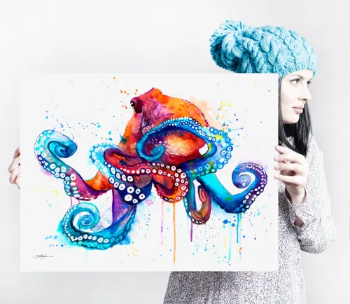 Octopus watercolor painting print by Slaveika Aladjova, art, animal, illustration, Sea art, sea life art, home decor, extra large print Octopus watercolor painting in reds and violets, limited edition art print by Slaveika Aladjova