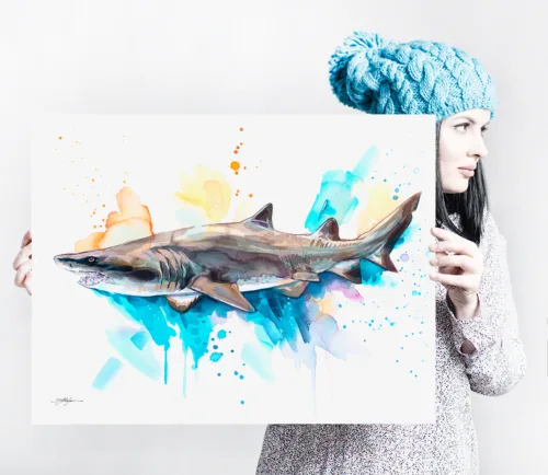 Sand tiger shark watercolor painting, limited edition art print by Slaveika Aladjova