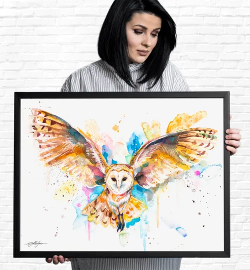 Barn owl in flight watercolor painting, limited edition art print by Slaveika Aladjova, view 2