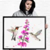 Two ruby-throated hummingbirds at pink flowers, watercolor painting, limited edition art print by Slaveika Aladjova, view 2