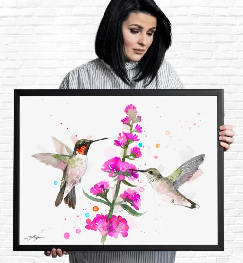 Two ruby-throated hummingbirds at pink flowers, watercolor painting, limited edition art print by Slaveika Aladjova, view 2