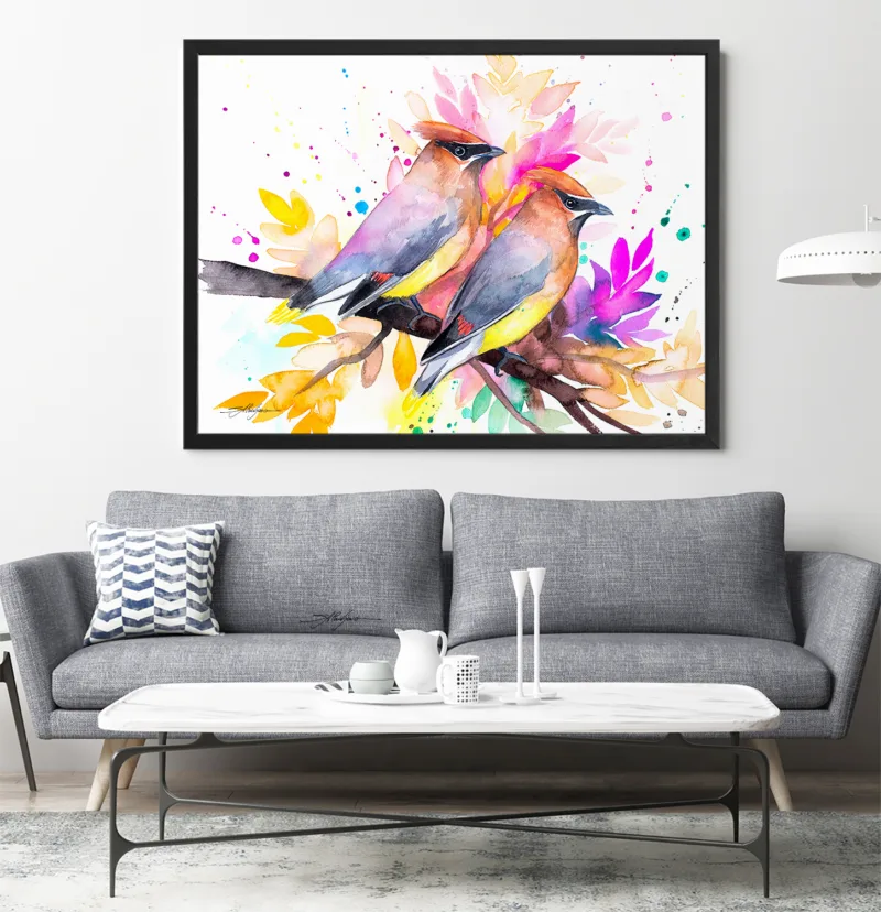 Cedar waxwings watercolor painting, limited edition art print by Slaveika Aladjova, view 2