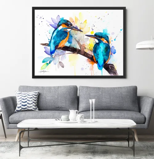 Two common kingfishers on a branch, watercolor painting, limited edition art print by Slaveika Aladjova