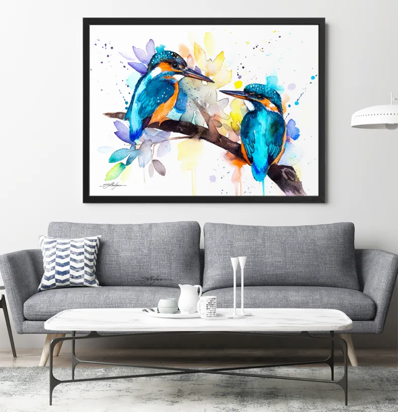 Two common kingfishers on a branch, watercolor painting, limited edition art print by Slaveika Aladjova