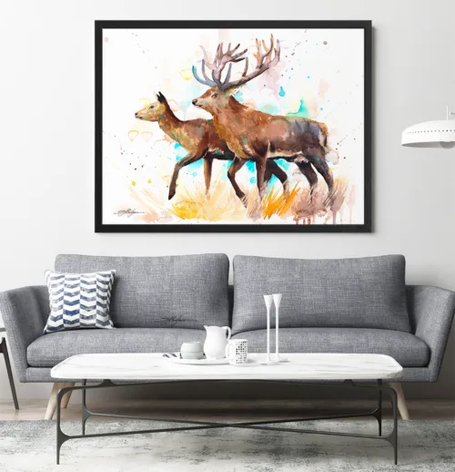 Red deer stag and hind walking, watercolor painting, limited edition art print by Slaveika Aladjova, view 2