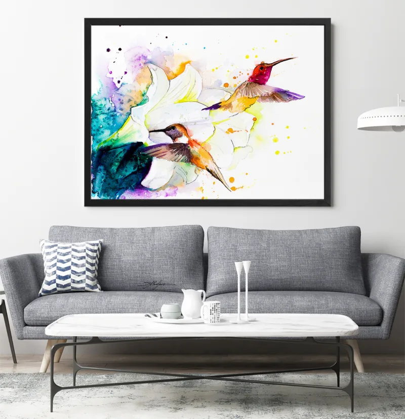 Two hummingbirds at a white flower, watercolor painting, limited edition art print by Slaveika Aladjova, view 4