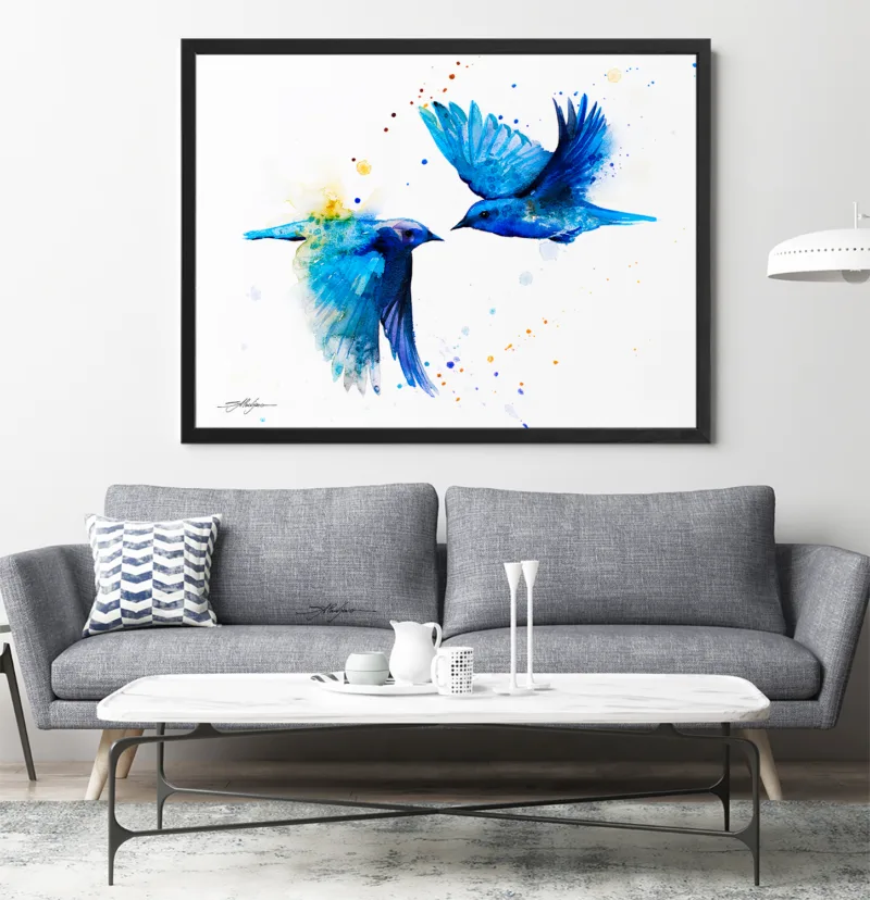 Two mountain bluebirds in flight, watercolor painting, limited edition art print by Slaveika Aladjova, view 2