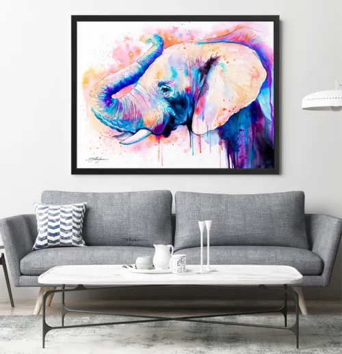 Pink elephant watercolor painting, limited edition art print by Slaveika Aladjova, view 2