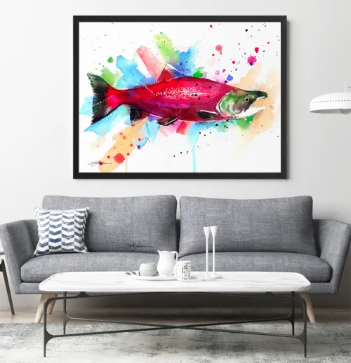 Sockeye salmon watercolor painting, limited edition art print by Slaveika Aladjova, view 2