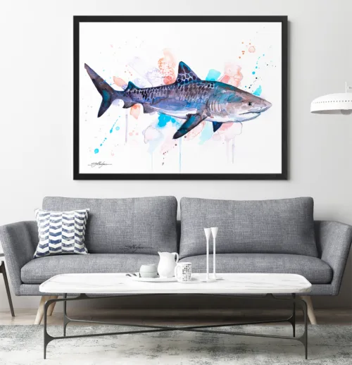 Tiger shark watercolor painting, limited edition art print by Slaveika Aladjova, view 2