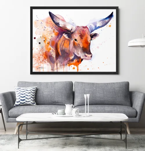 Ankole-Watusi longhorn cattle watercolor painting, limited edition art print by Slaveika Aladjova