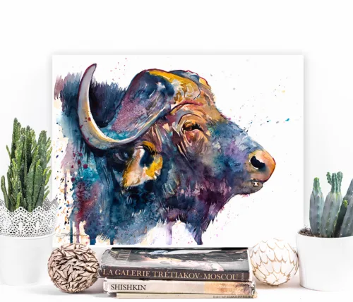 African buffalo watercolor painting, limited edition art print by Slaveika Aladjova