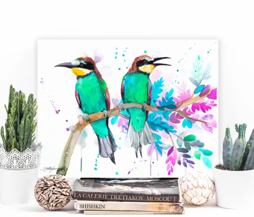 Two European bee-eaters on a branch, watercolor painting, limited edition art print by Slaveika Aladjova, view 2