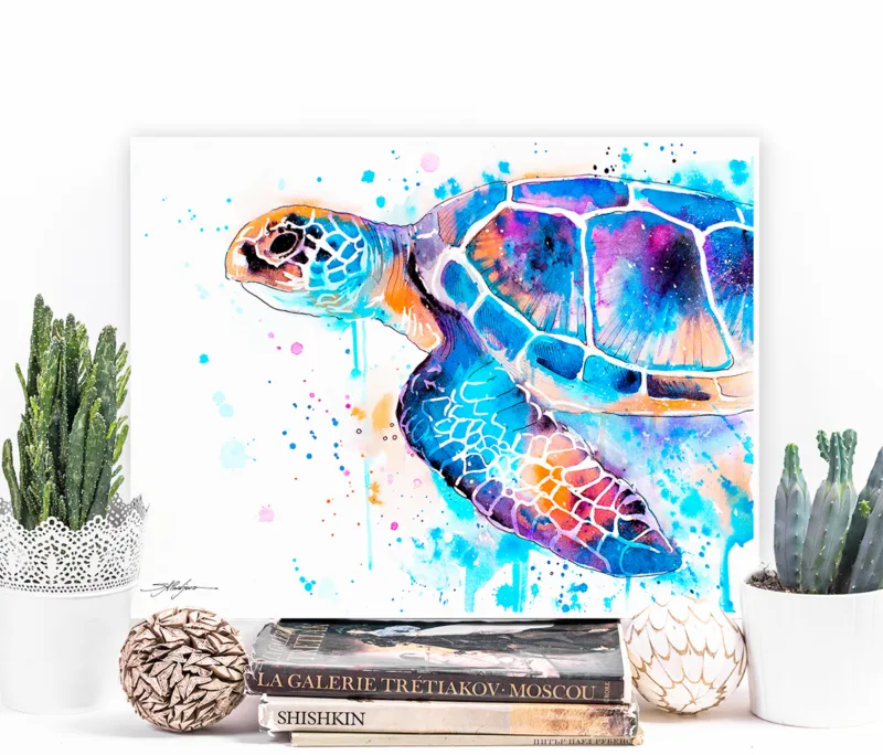 Blue sea turtle watercolor painting seen from above, limited edition art print by Slaveika Aladjova, view 2