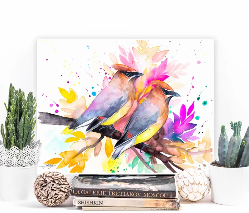 Cedar waxwings watercolor painting, limited edition art print by Slaveika Aladjova