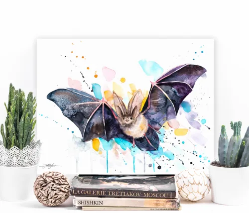 Townsend's big-eared bat in flight, watercolor painting, limited edition art print by Slaveika Aladjova, view 2