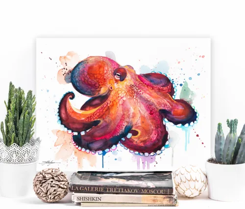 Coconut octopus watercolor painting, limited edition art print by Slaveika Aladjova, view 2