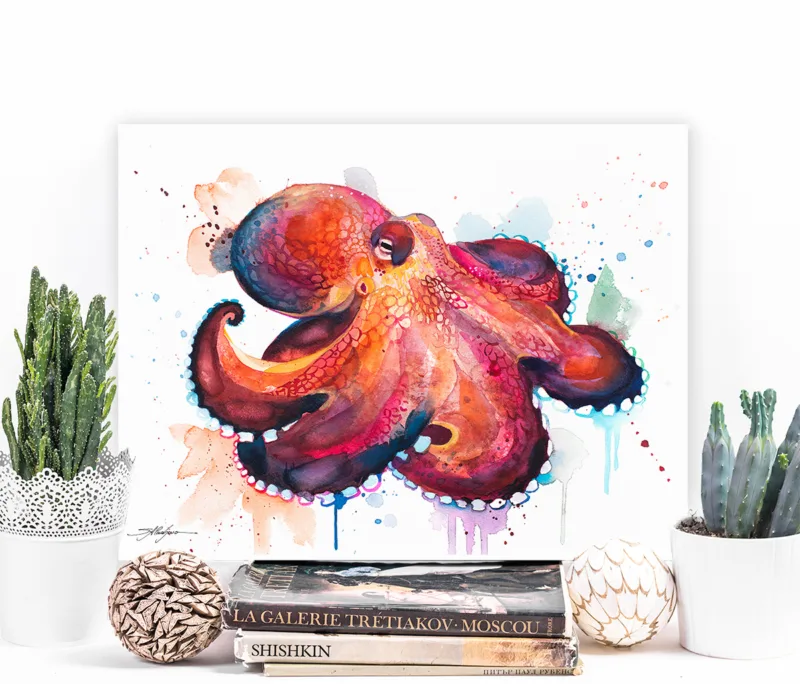 Coconut octopus watercolor painting, limited edition art print by Slaveika Aladjova, view 2