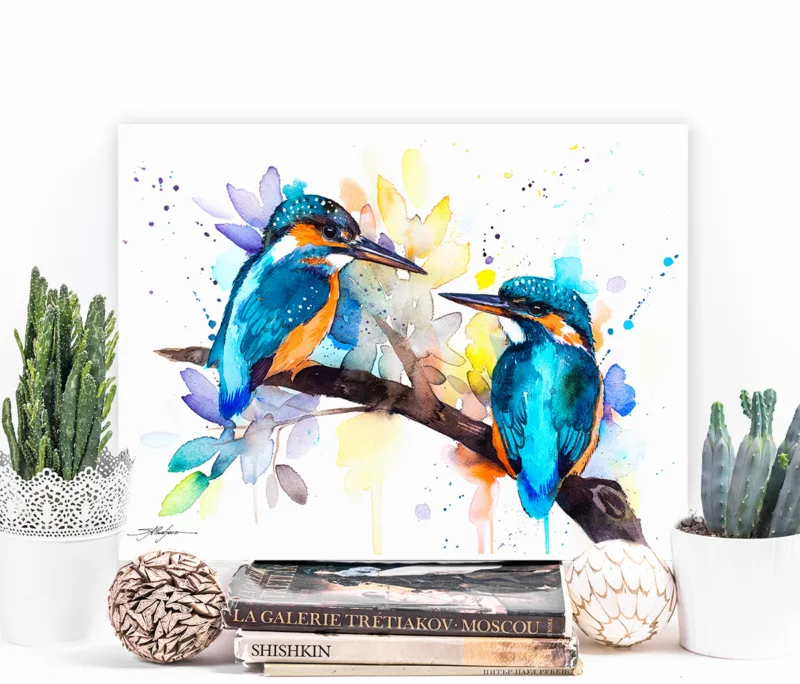 Two common kingfishers on a branch, watercolor painting, limited edition art print by Slaveika Aladjova, view 2
