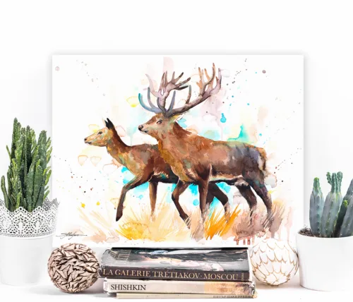 Red deer stag and hind walking, watercolor painting, limited edition art print by Slaveika Aladjova