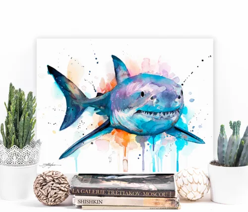 Home 7 Great white shark watercolor painting, limited edition art print by Slaveika Aladjova, view 2
