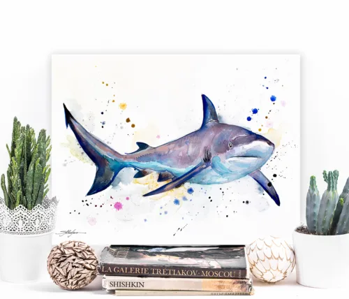 Grey reef shark watercolor painting, limited edition art print by Slaveika Aladjova, view 2