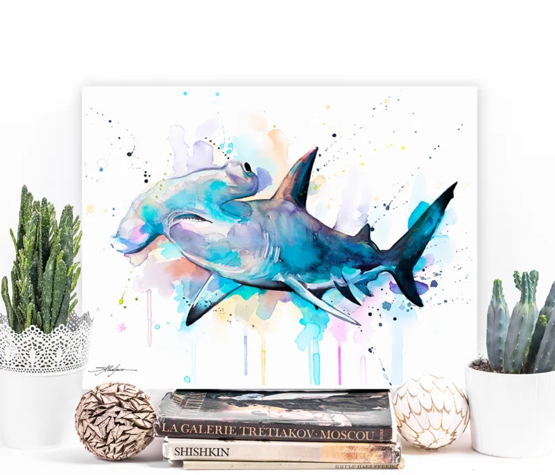 Hammerhead shark watercolor painting, limited edition art print by Slaveika Aladjova, view 2