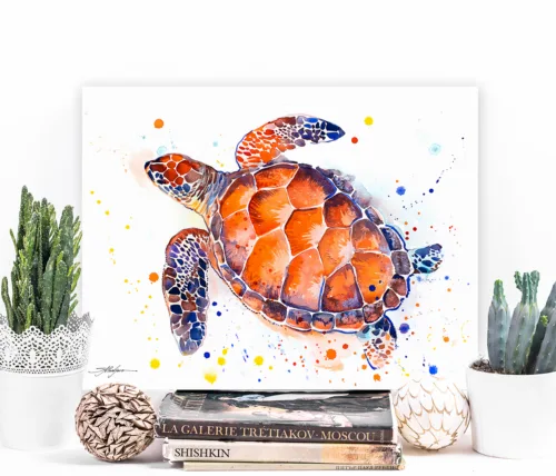 Hawksbill sea turtle Sea turtle with orange shell, watercolor painting, limited edition art print by Slaveika Aladjova