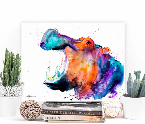 Hippo watercolor painting, limited edition art print by Slaveika Aladjova