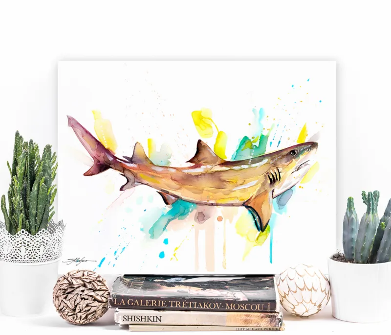 Lemon shark watercolor painting, limited edition art print by Slaveika Aladjova, view 2