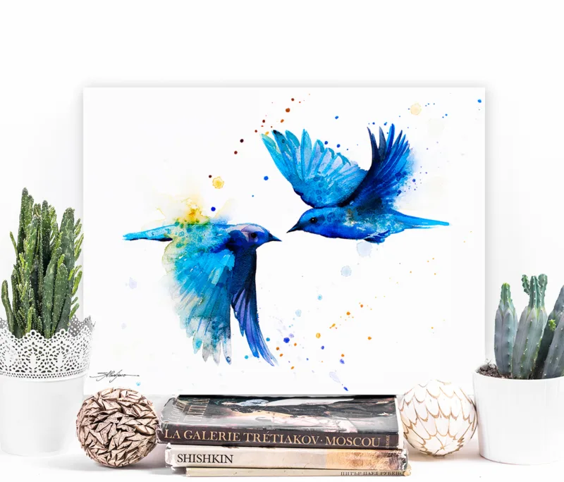 Two mountain bluebirds in flight, watercolor painting, limited edition art print by Slaveika Aladjova, view 3