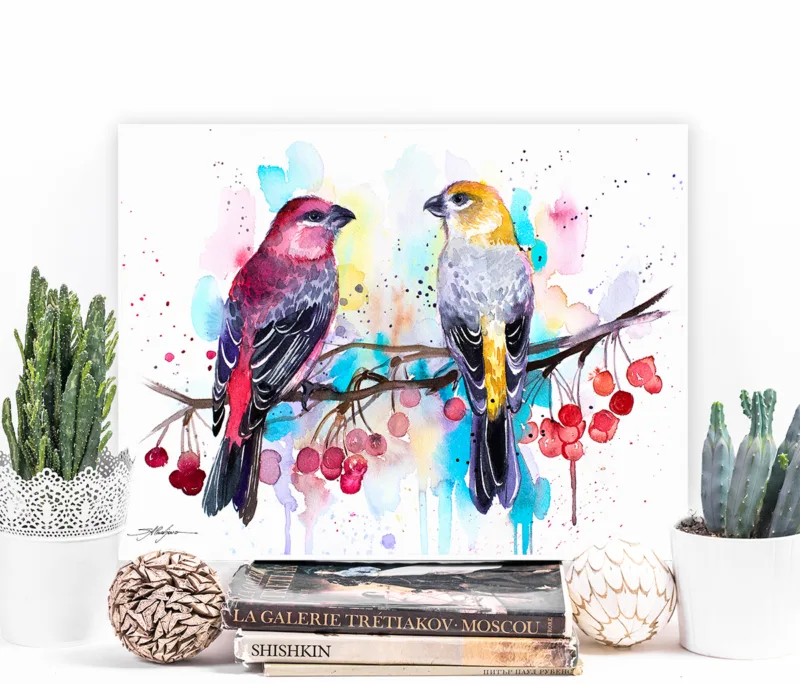 Two pine grosbeaks on a branch with berries, watercolor painting, limited edition art print by Slaveika Aladjova