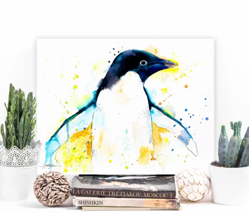 Adelie penguin with flippers spread, watercolor painting, limited edition art print by Slaveika Aladjova