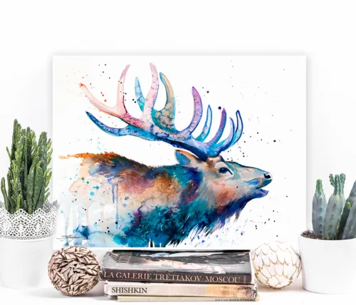 Red deer stag watercolor painting, limited edition art print by Slaveika Aladjova