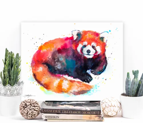 Red panda sitting with its tail curled, watercolor painting, limited edition art print by Slaveika Aladjova