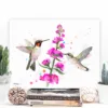 Two ruby-throated hummingbirds at pink flowers, watercolor painting, limited edition art print by Slaveika Aladjova, view 3