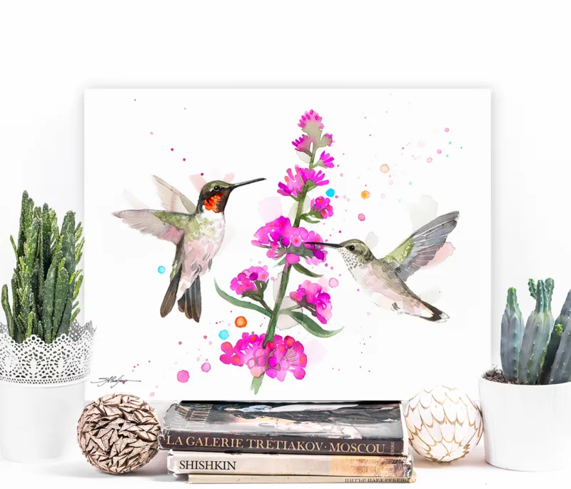 Two ruby-throated hummingbirds at pink flowers, watercolor painting, limited edition art print by Slaveika Aladjova, view 3