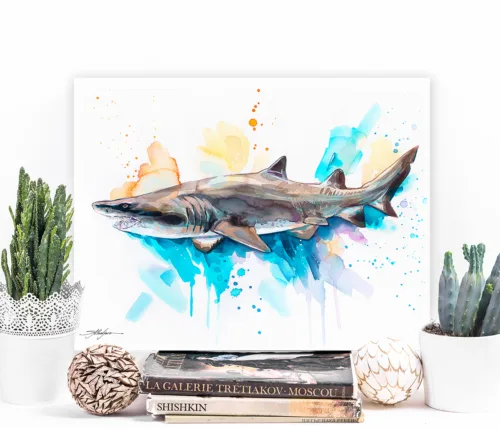 Sand tiger shark watercolor painting, limited edition art print by Slaveika Aladjova, view 2