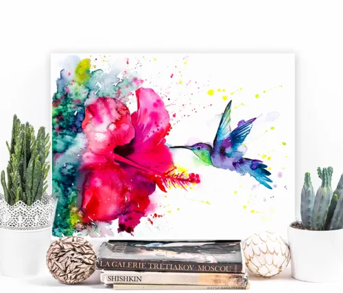 Violetear hummingbird watercolor painting in green and violet, limited edition art print by Slaveika Aladjova, view 2